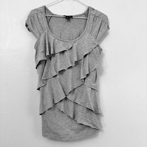 Alyx Cap Short Sleeve Scoop Neck Layered Ruffle Front Top Marled Gray Size Small